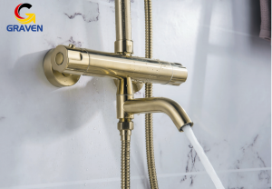 German-style thermostatic shower faucet with champagne gold finish